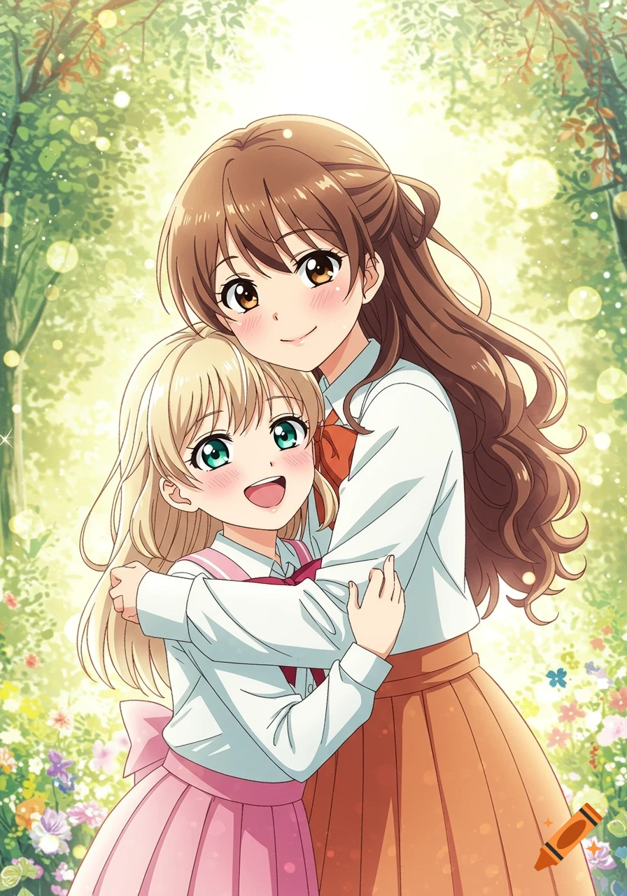 Anime illustration of two smiling girls, one blonde, one brunette, hugging in a bright, lush green and flowery outdoor setting.