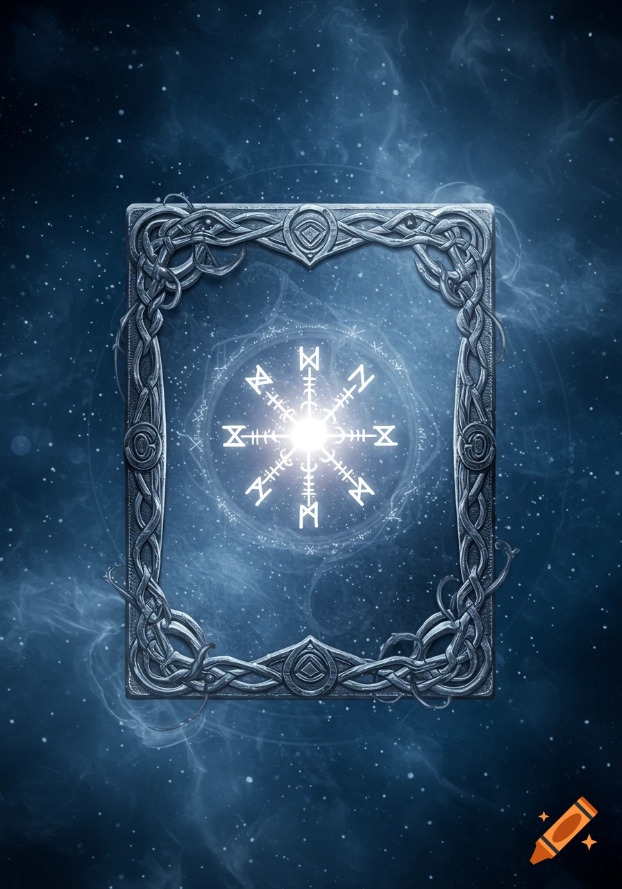 Ornate silver frame with interwoven designs around a glowing white runic symbol on a deep blue cosmic background.