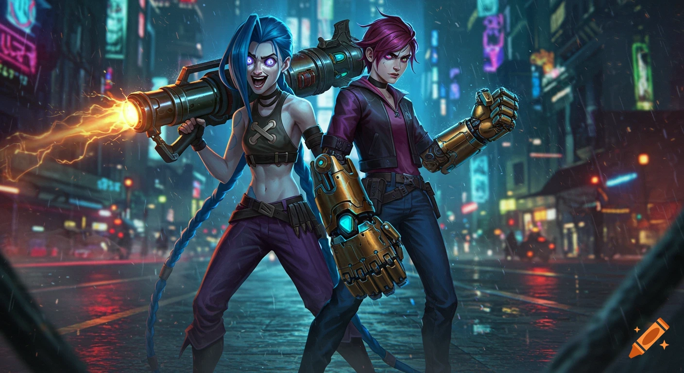 Jinx and Vi from Arcane stand in a neon-lit cyberpunk city. Jinx holds a large weapon with glowing energy, Vi wears golden gauntlets.
