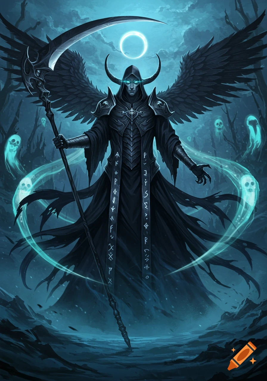 A dark god of death with glowing blue eyes, horns, and large black wings, holding a scythe, surrounded by blue ghostly spirits in a dark, stylized fantasy forest.