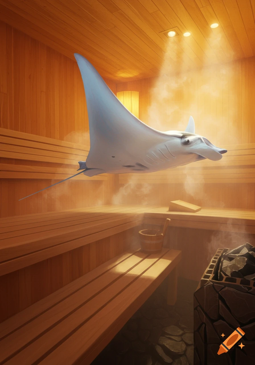 A surreal illustration of a large manta ray floating in a steamy, wooden sauna room with benches and a heater.