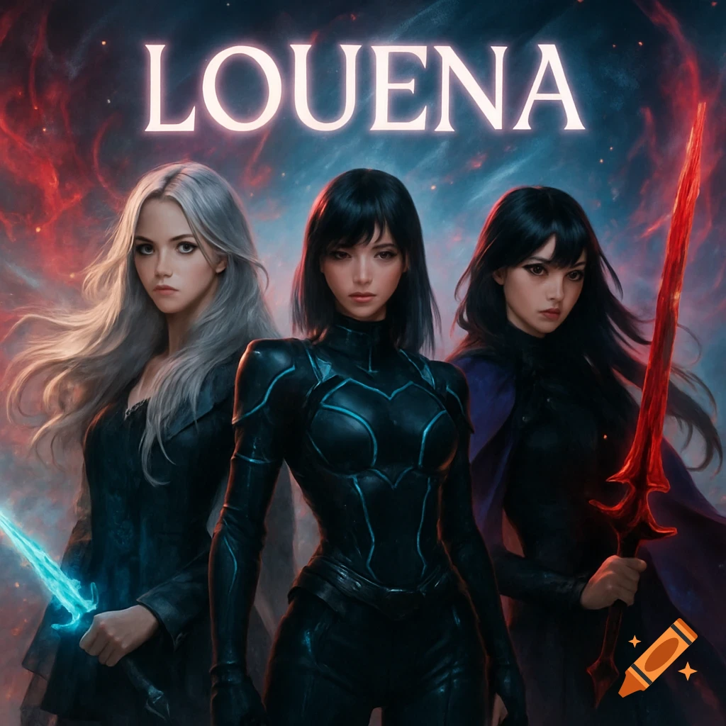 Three women in dark fantasy attire hold glowing blue and red weapons against a cosmic background, with "LOUENA" at the top, in a digital art style.