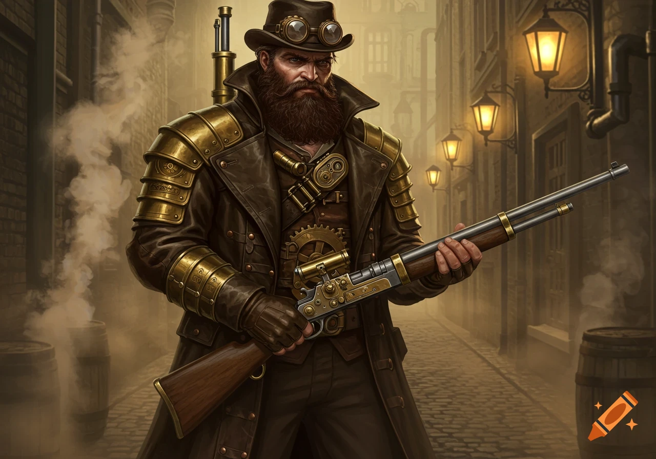 A bearded steampunk rifleman in a long coat, goggles, and golden armor stands in a foggy cobblestone alley, holding a rifle.