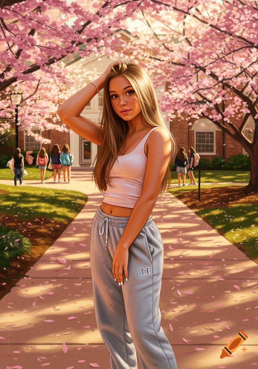 An illustrated young woman with long blonde hair in a white tank top and grey sweatpants, standing on a cherry blossom-lined path on a college campus.