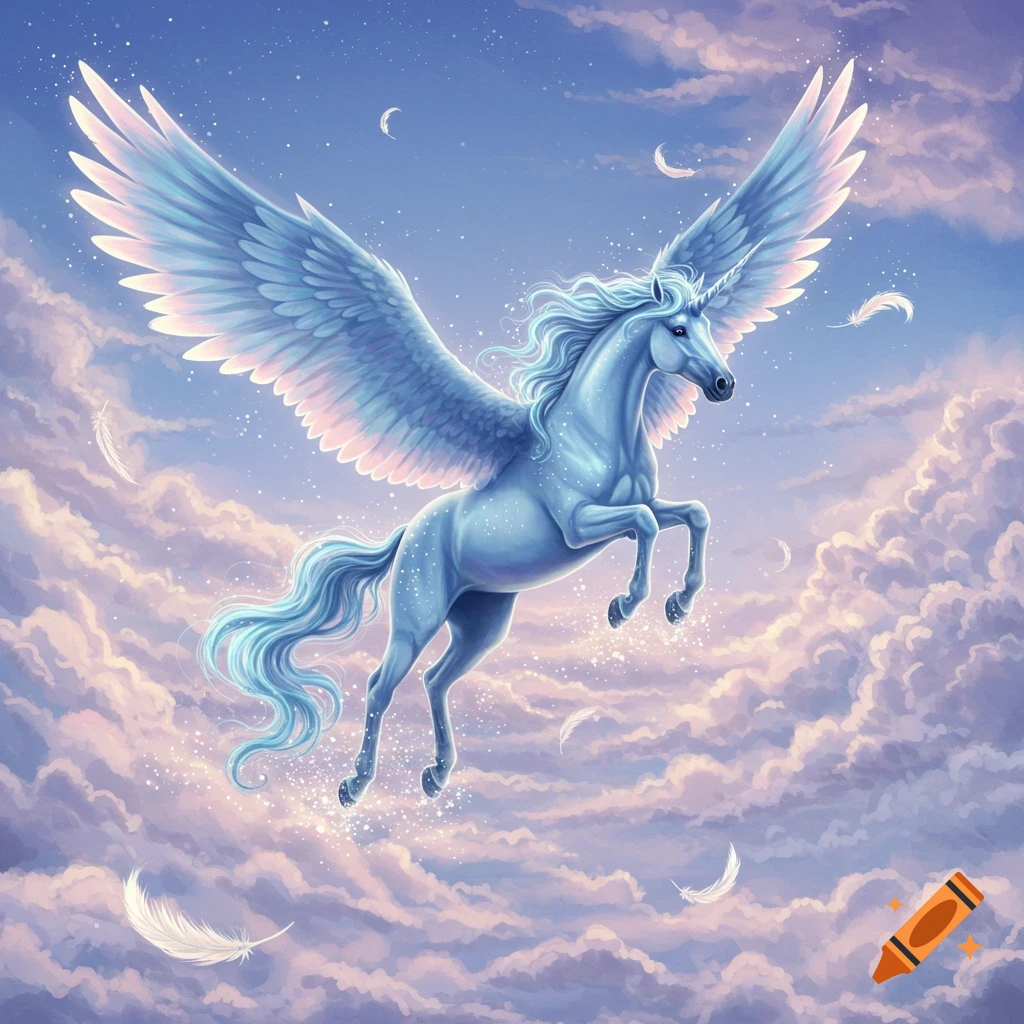 A majestic blue unicorn with large wings soars gracefully through a whimsical sky filled with soft, glowing clouds and falling feathers.