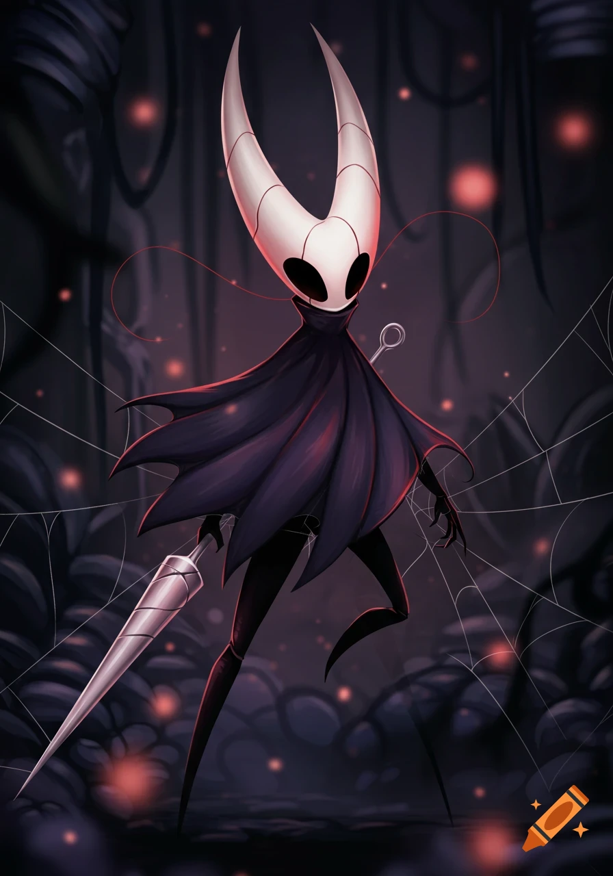 Hornet from Hollow Knight with a redesigned black cloak and glowing needle, surrounded by spider webs in a dark fantasy setting.