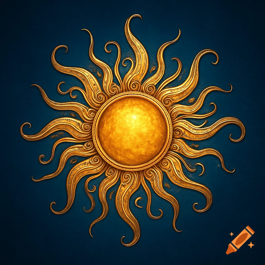 An ornate golden sun emblem with swirling, elaborate rays against a dark blue background.