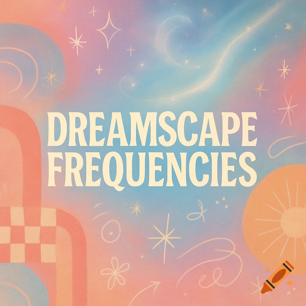 A dreamy pastel background with cosmic swirls and playful doodles, featuring the text 'DREAMSCAPE FREQUENCIES' in a retro-modern font.