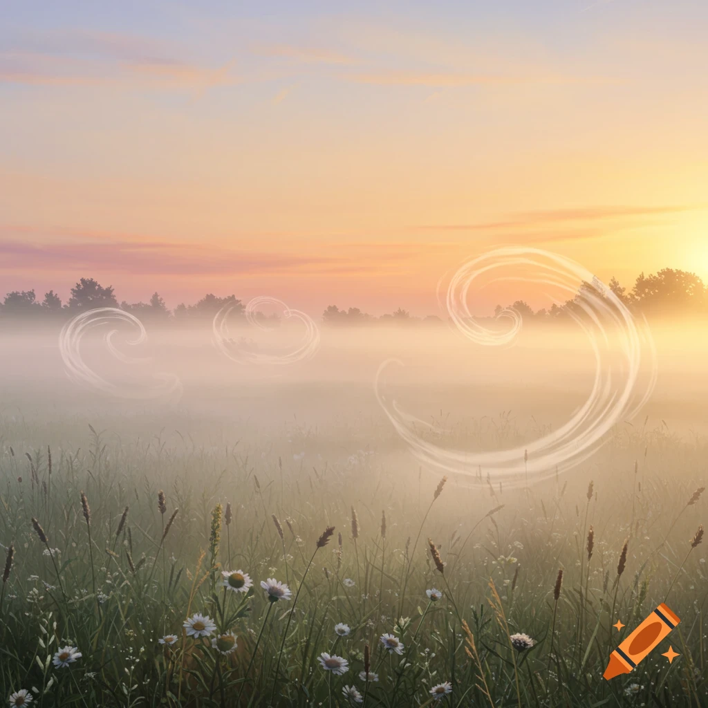 Misty field at sunrise with daisies in the foreground and abstract light swirls floating above the fog.