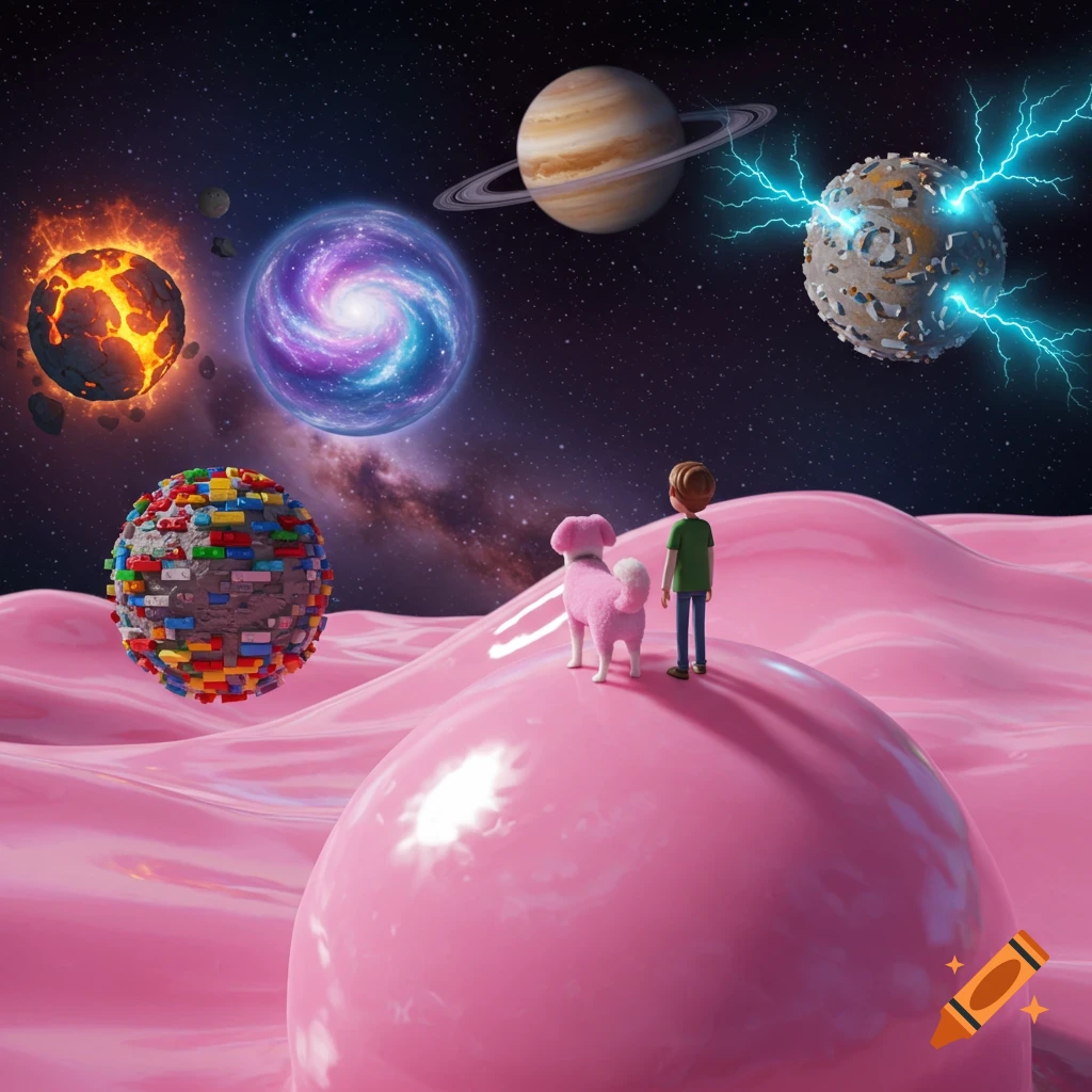 Cartoon boy and pink fluffy dog on a shiny pink bubblegum planet gaze at a galaxy, lava, LEGO, lightning planets, and Saturn in space.