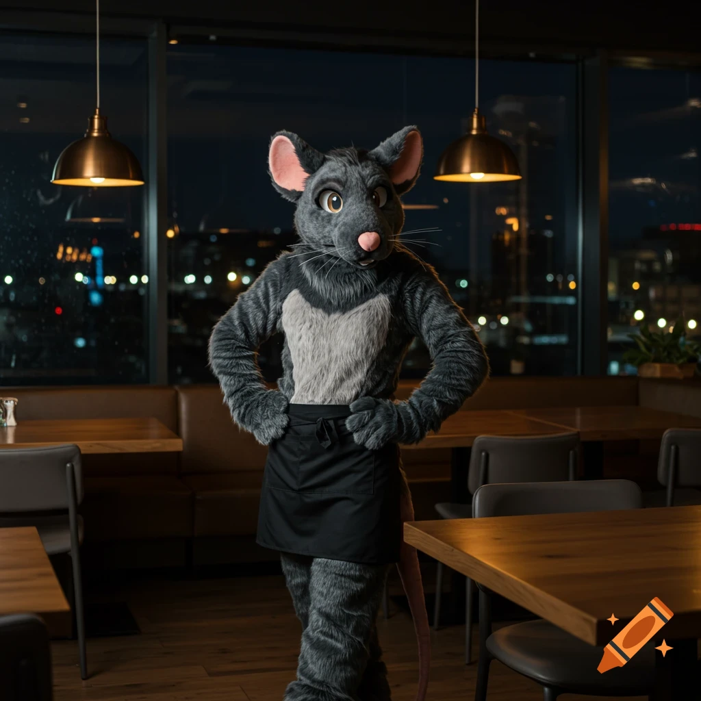 A photorealistic image of a gray rat fursuit character, wearing a black apron, standing in an empty restaurant at night.