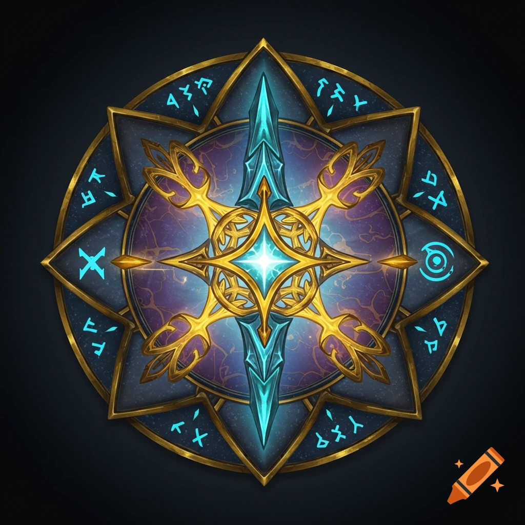 A glowing blue and gold fantasy icon with a central starburst, sword-like shape, and mystical runes on a purple cosmic background.