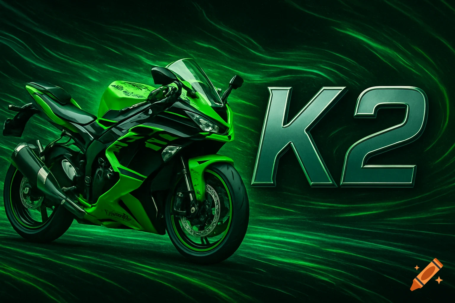 Green and black sport motorcycle with K2 text against a swirling green background.