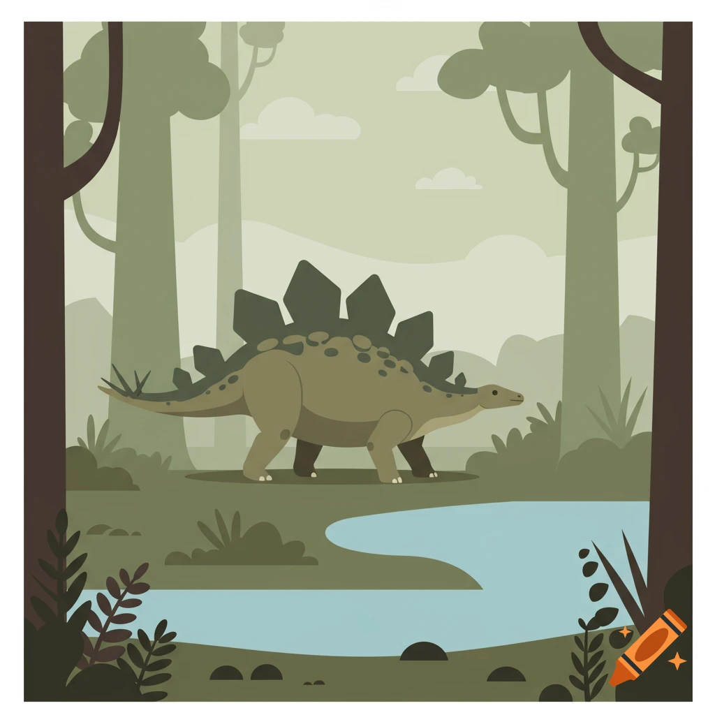 A green stegosaurus walks through a muted green forest with a light blue river, in a flat illustration style.
