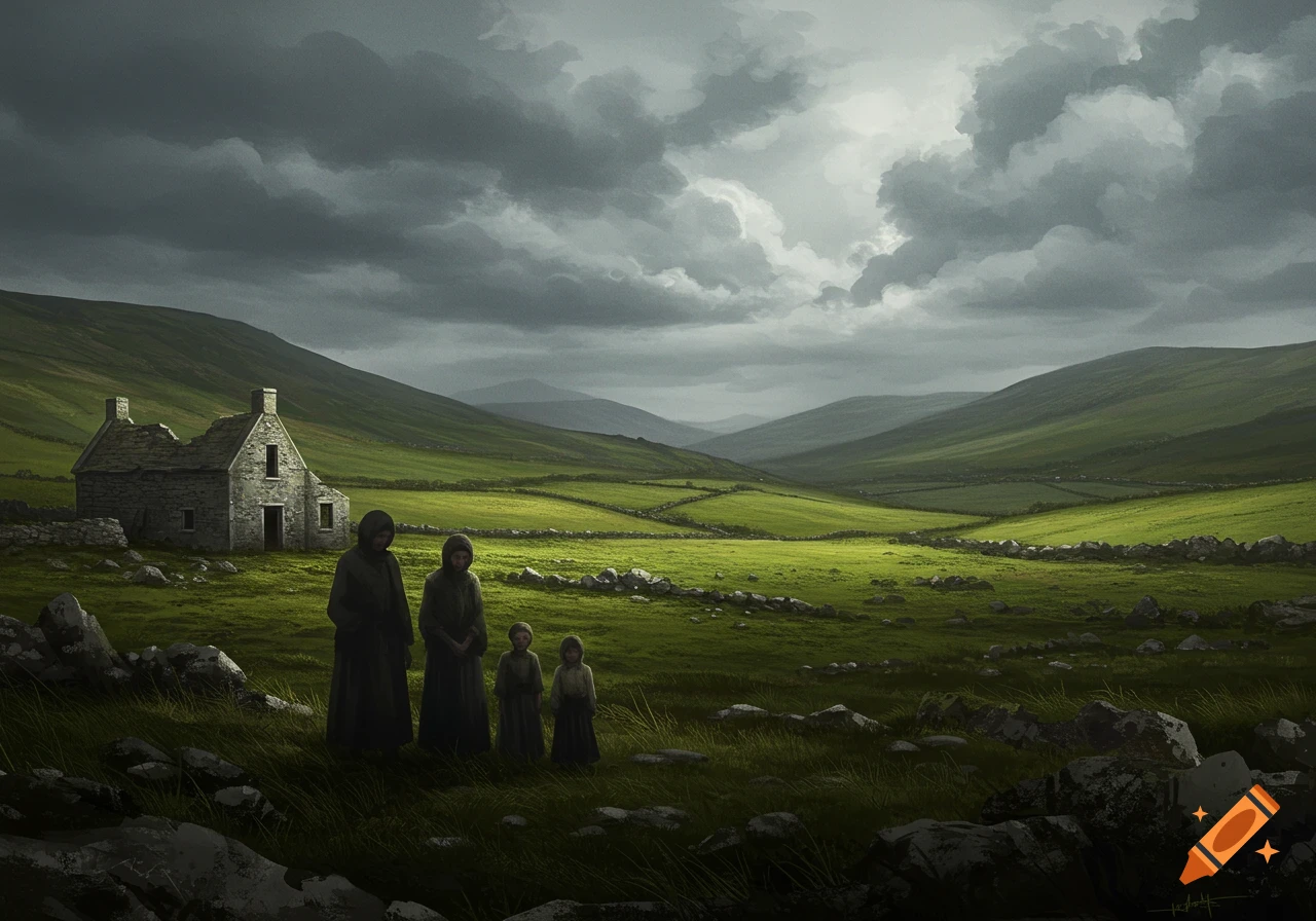 Digital painting of a family in dark cloaks standing in a green valley before a stone house under a stormy, cloudy sky.