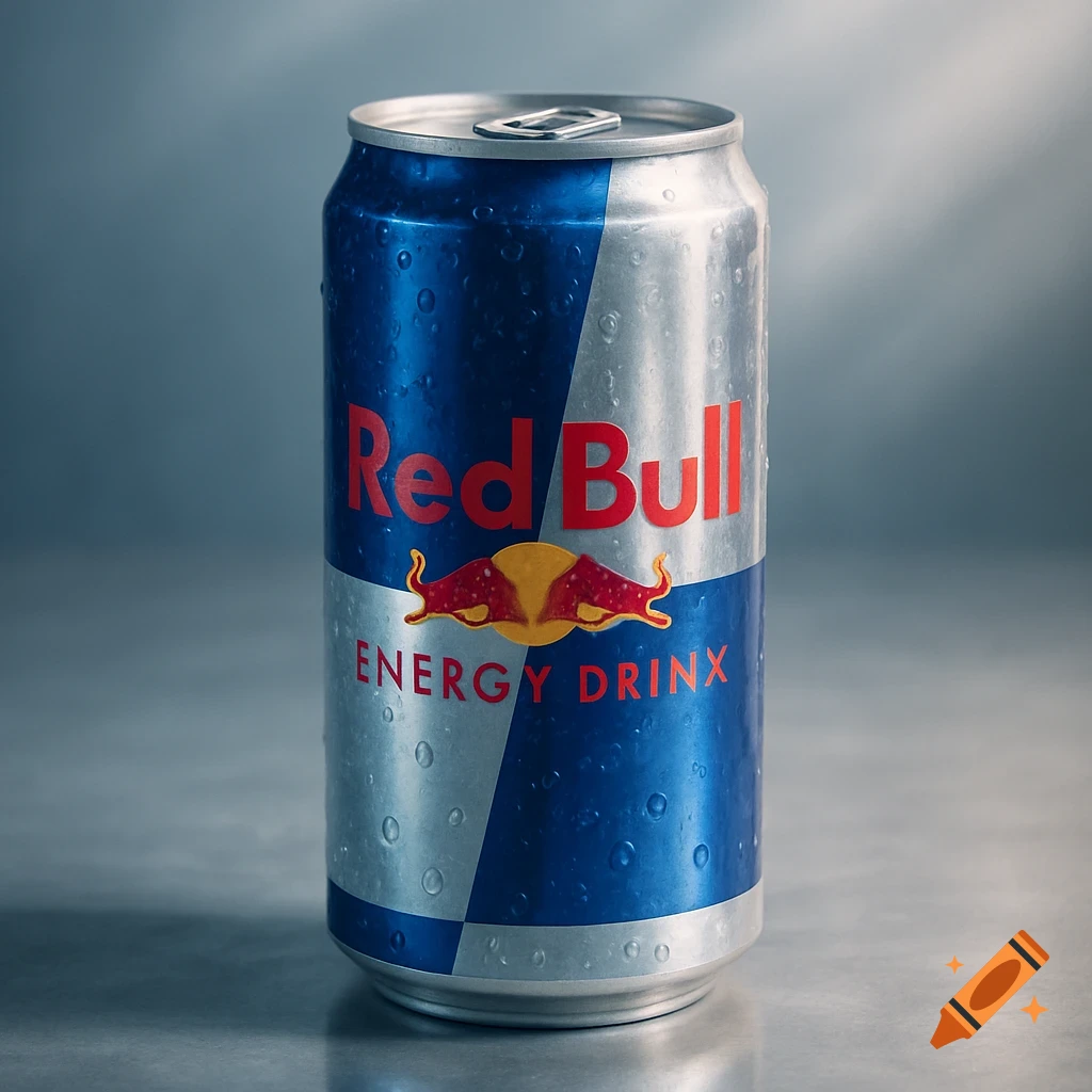 A wet, cold Red Bull energy drink can stands upright on a metallic surface against a blurred grey background.