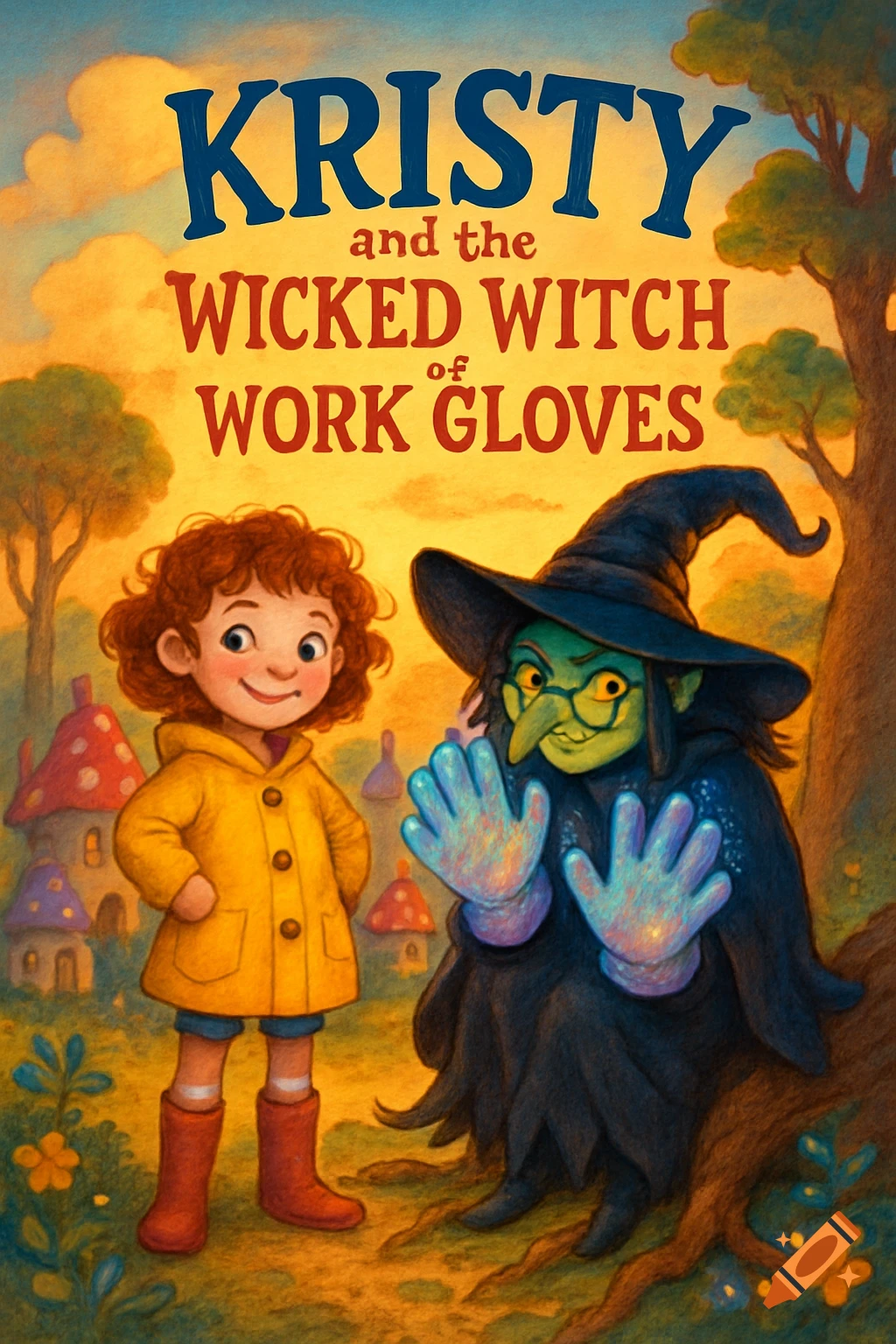 Children's book cover illustration of a girl in a yellow raincoat with a green-faced witch in a black hat and cloak with glowing gloves, in a whimsical landscape.