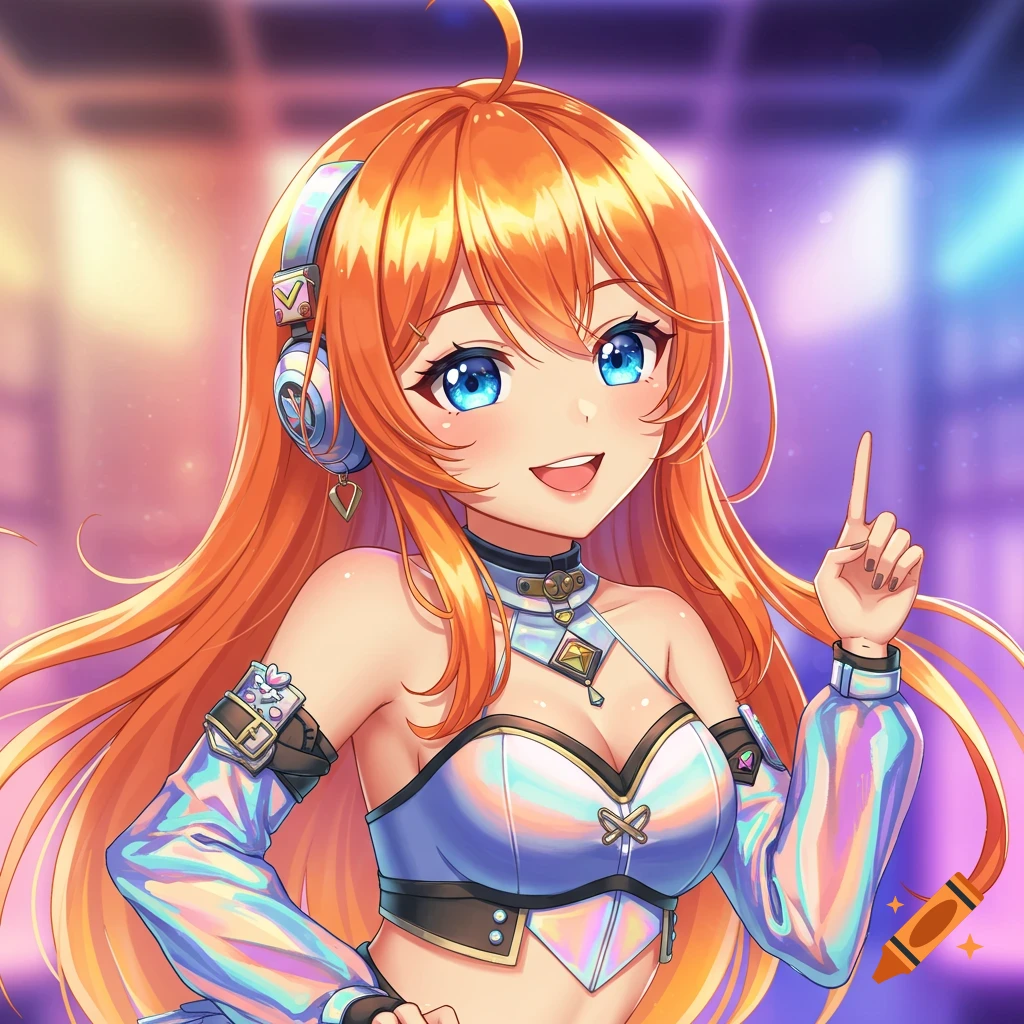 A smiling anime girl with long orange hair, blue eyes, and headphones, wearing a holographic top, points upwards.