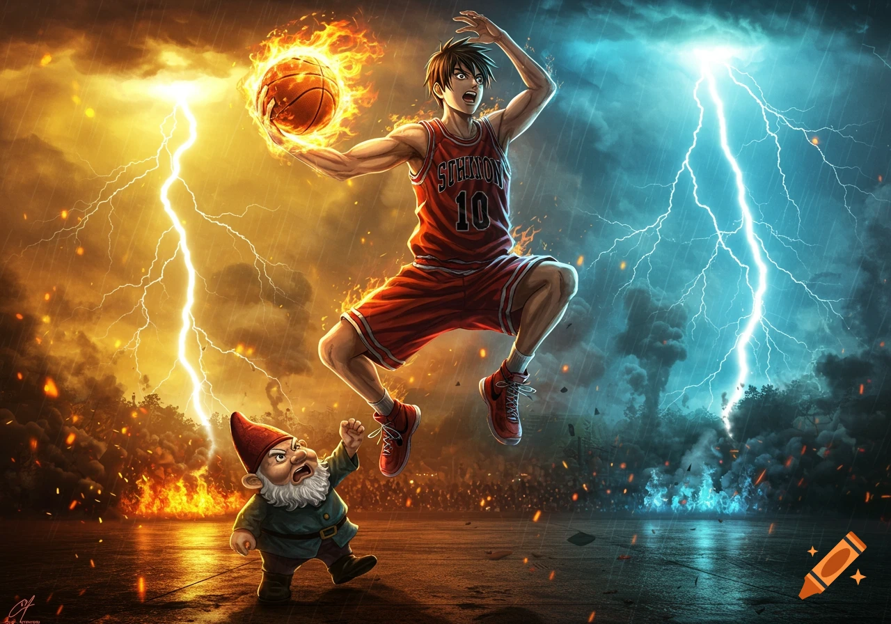 An anime basketball player with a flaming basketball jumps over an angry garden gnome as lightning strikes and fire burns in the background.