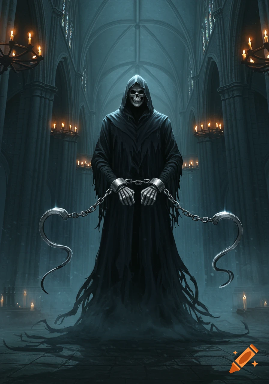 A chained Grim Reaper stands in a shadowy gothic cathedral, illuminated by candlelight.