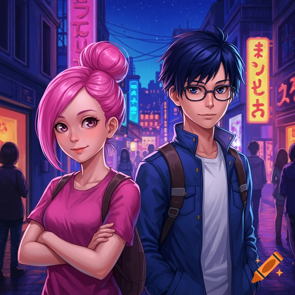A pink-haired girl and a dark-haired boy with glasses stand on a vibrant, neon-lit anime city street at night.