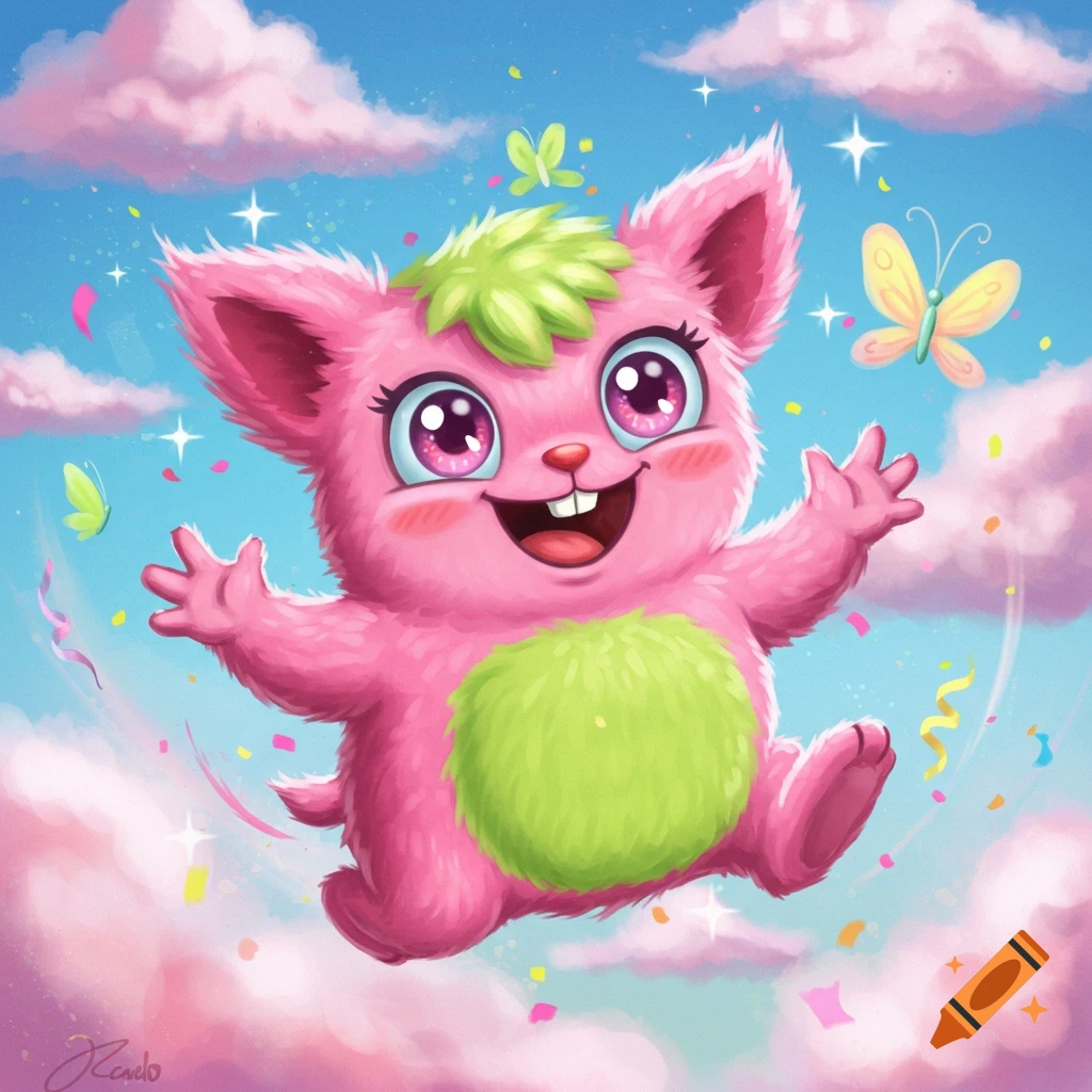 A happy, pink, fluffy cartoon creature with big eyes floats in a blue sky with pink clouds, surrounded by colorful confetti and butterflies.