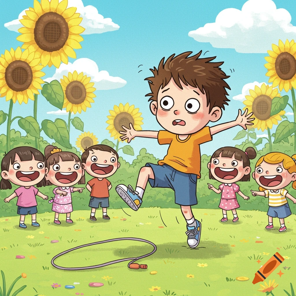 Cartoon of a boy tripping on a jump rope, while other children point and laugh in a sunny field of sunflowers.