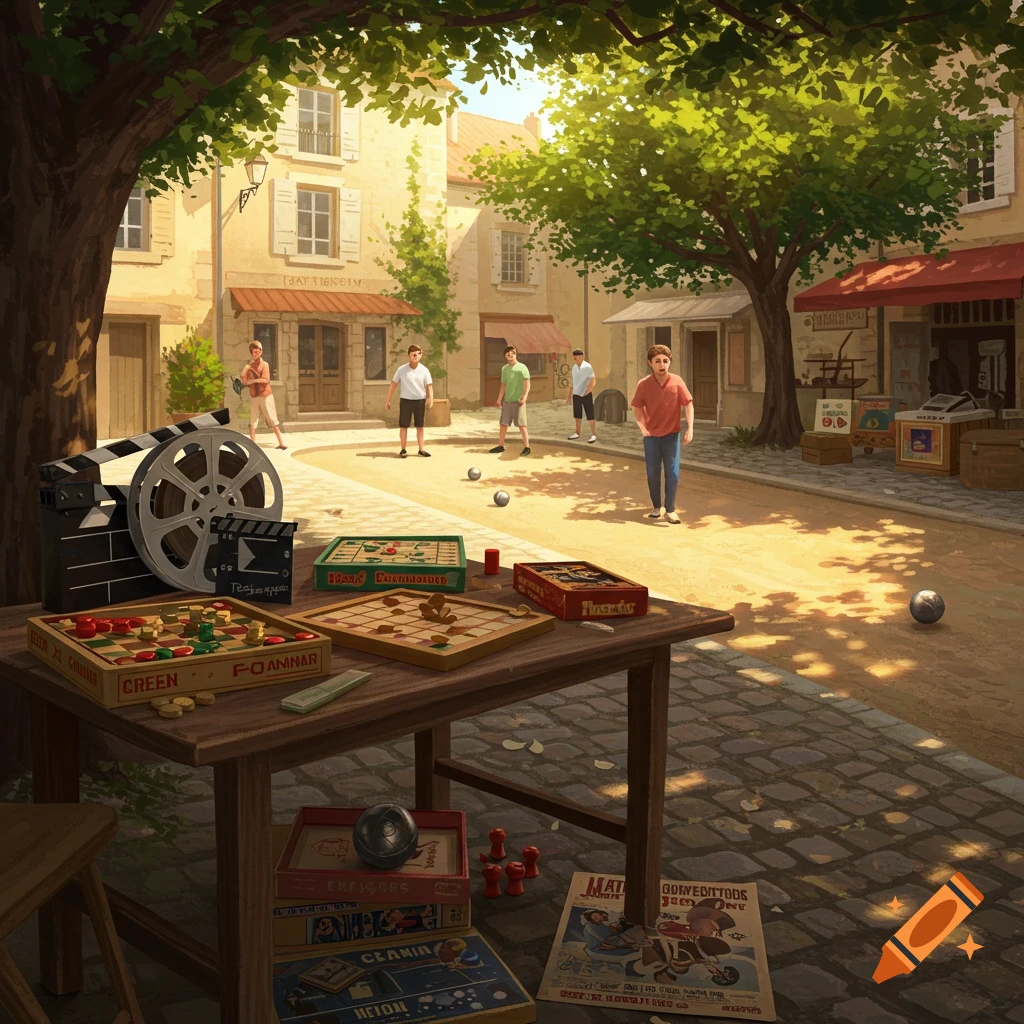 An illustration of a vibrant European village street with people playing pétanque. In the foreground, a table holds board games and film equipment, all bathed in warm sunlight filtering through trees.