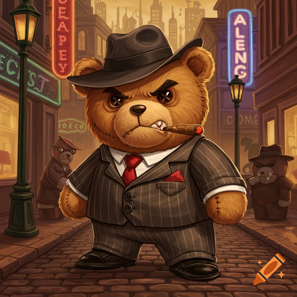 An angry cartoon teddy bear gangster in a pinstripe suit and fedora, smoking a cigar on a cobblestone street with neon signs in the background.