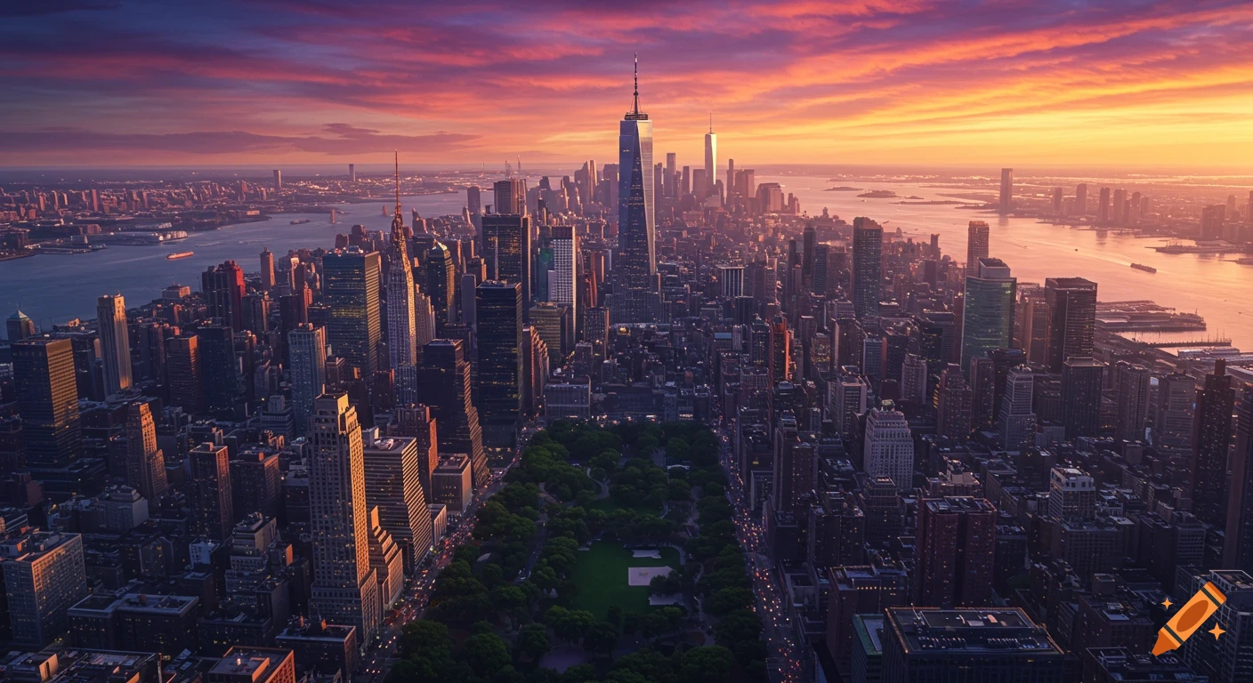 Photorealistic aerial view of New York City at sunset, showcasing skyscrapers, Central Park, and the surrounding waterways.