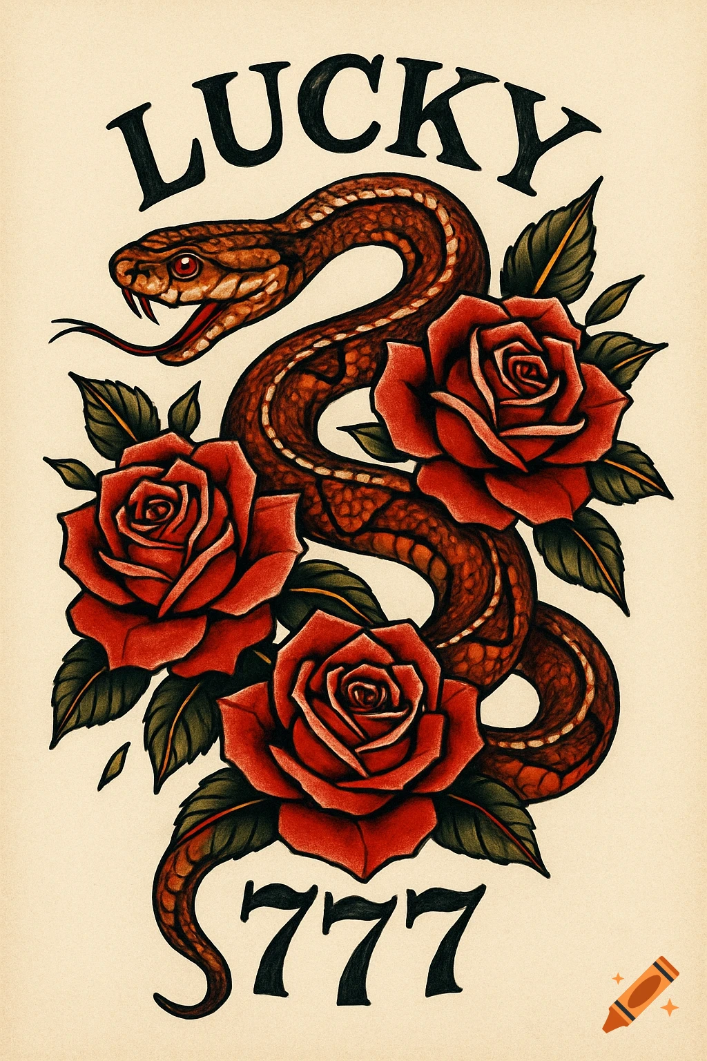 Traditional tattoo art of a coiled brown snake with red roses and green leaves, with 'LUCKY' above and '777' below, on a cream background.