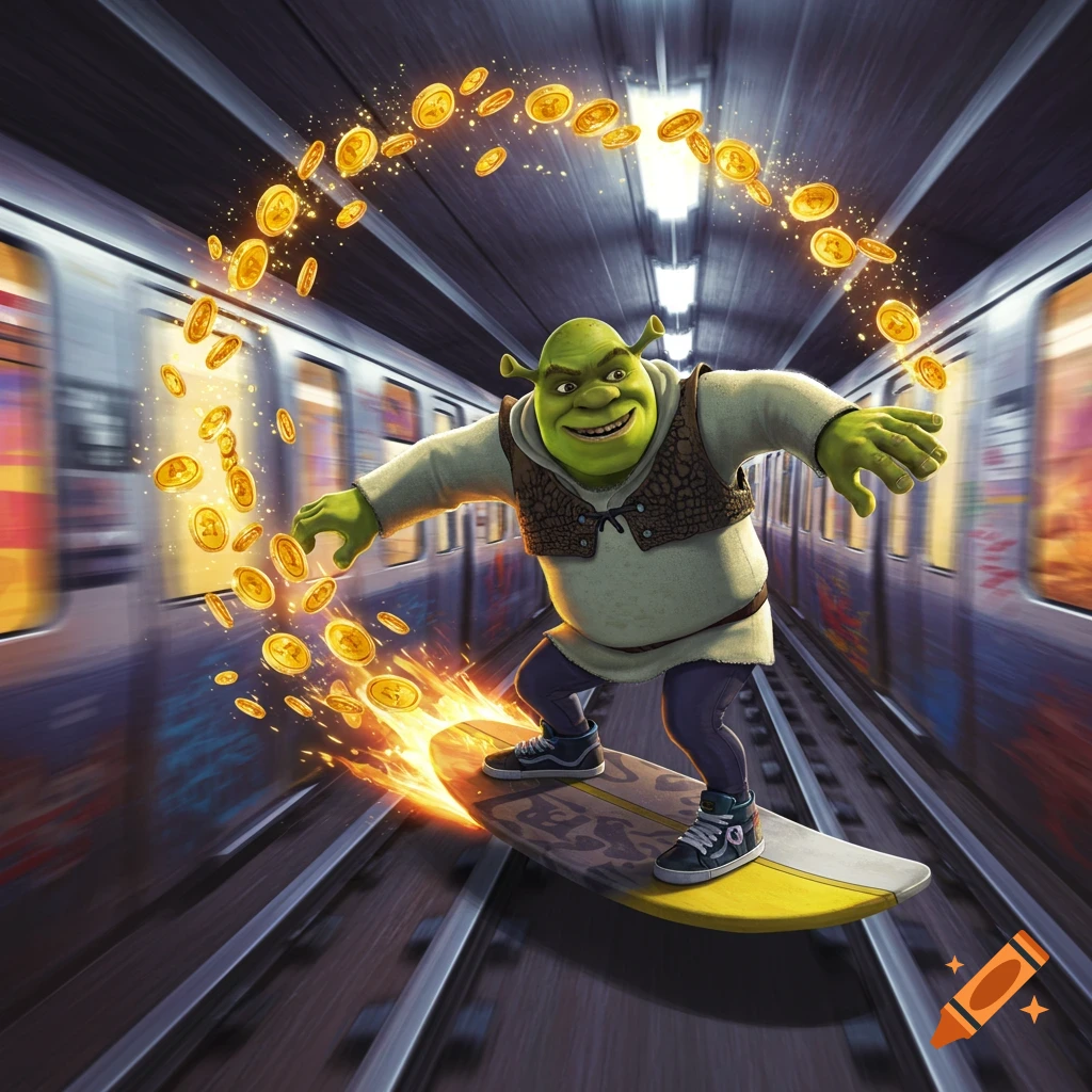 Shrek surfs a subway track on a flaming board, golden coins swirl around him, with blurred trains speeding past in a dynamic cartoon style.