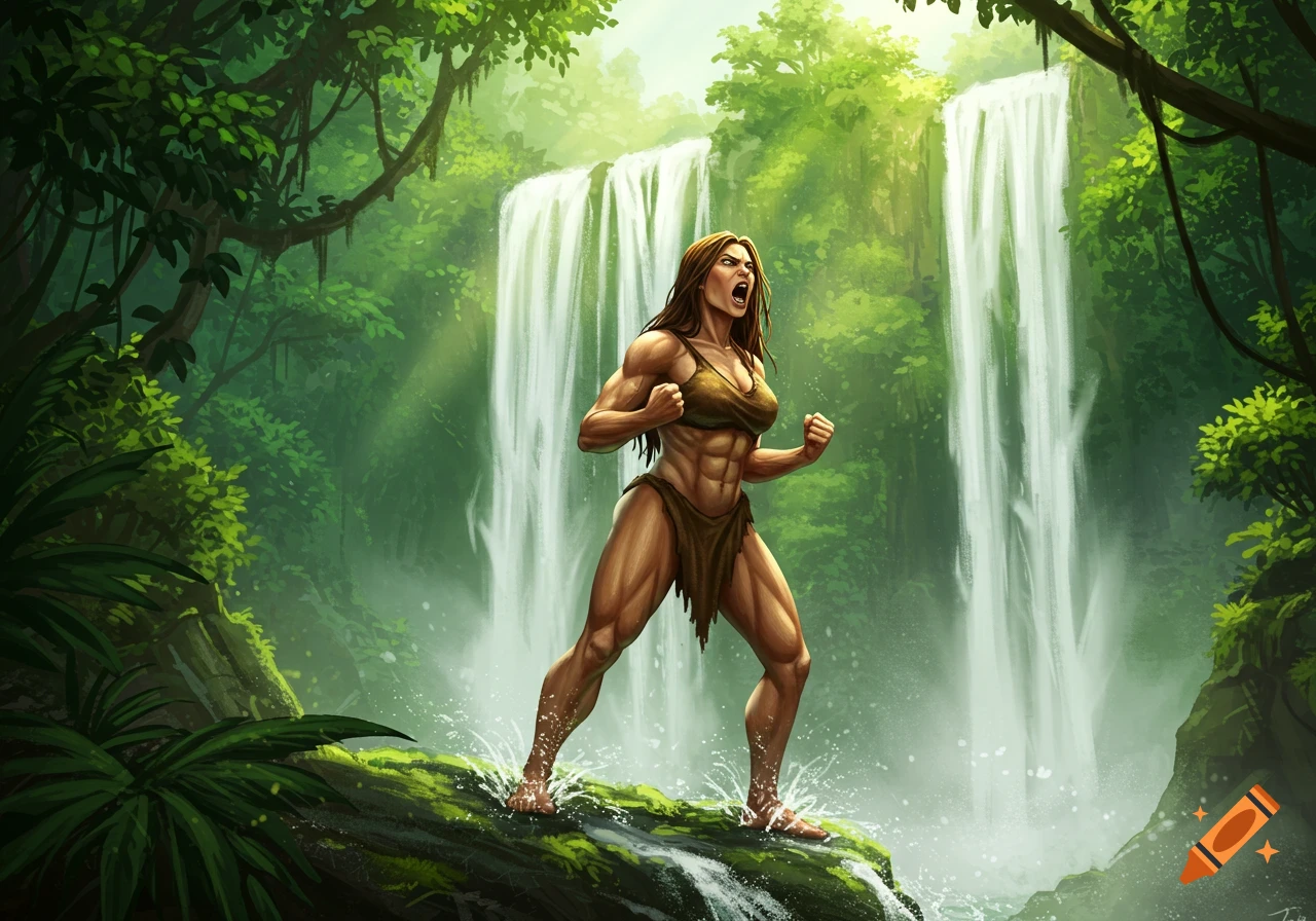 A muscular woman in a brown loincloth yells fiercely, pounding her chest on a rock in a lush jungle with tall waterfalls.