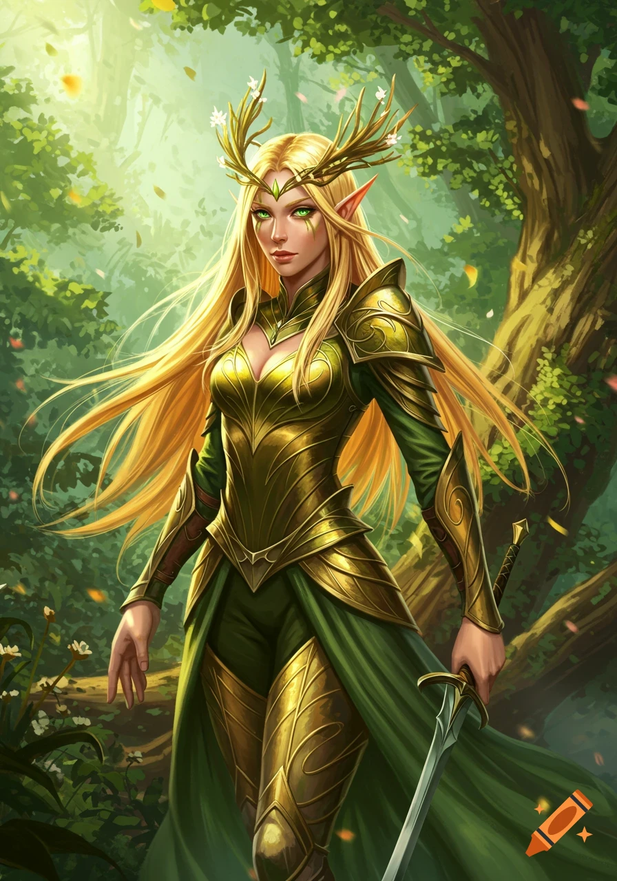A beautiful blonde elf warrior with green eyes in golden and green armor holds a sword in a magical forest.