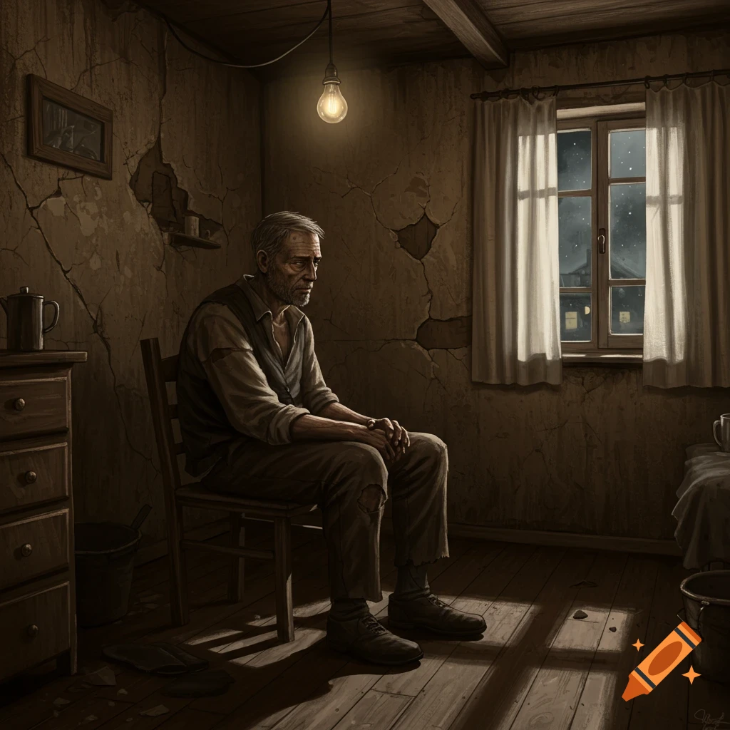 An old, sad man sits alone on a chair in a dimly lit, dilapidated room with cracked walls and a window showing night.