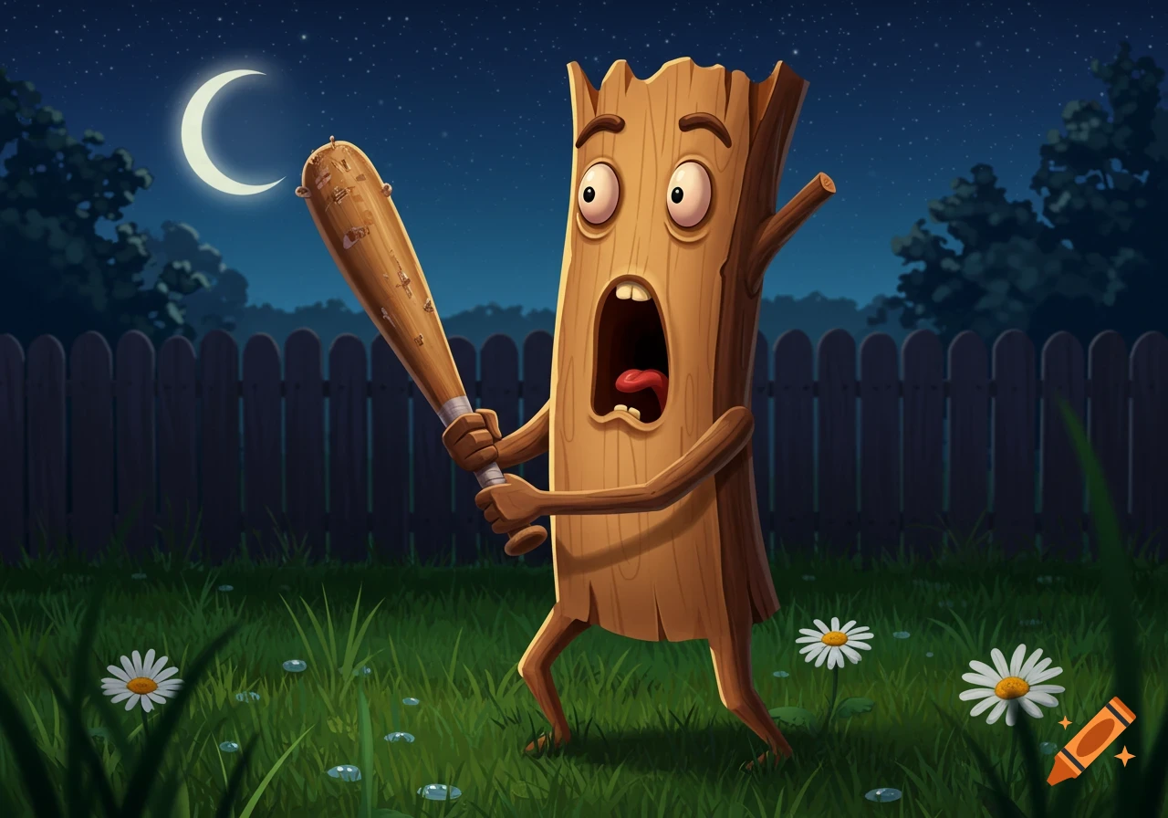 A cartoon wooden stick character screams in a grassy yard at night, holding a spiked baseball bat under a crescent moon.