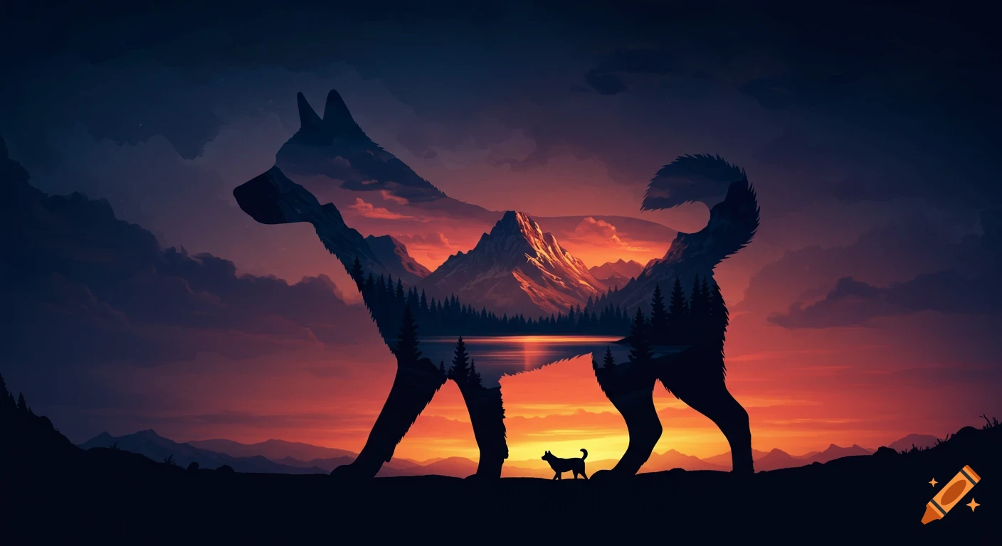Cinematic double exposure digital art of a dog silhouette filled with a mountain and lake landscape at sunset, with a small dog walking below.