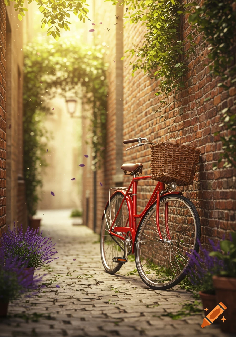 A red vintage bicycle with a wicker basket leans against a brick wall in a sunlit cobblestone alley, adorned with green vines and purple flowers.