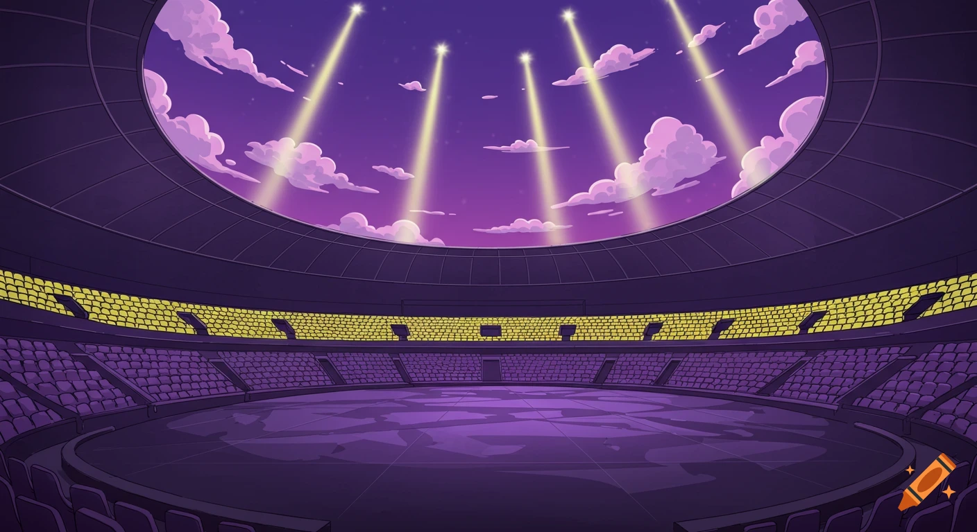 A stylized 2D purple and yellow stadium with empty seats under a night sky with multiple spotlights shining through pink clouds.