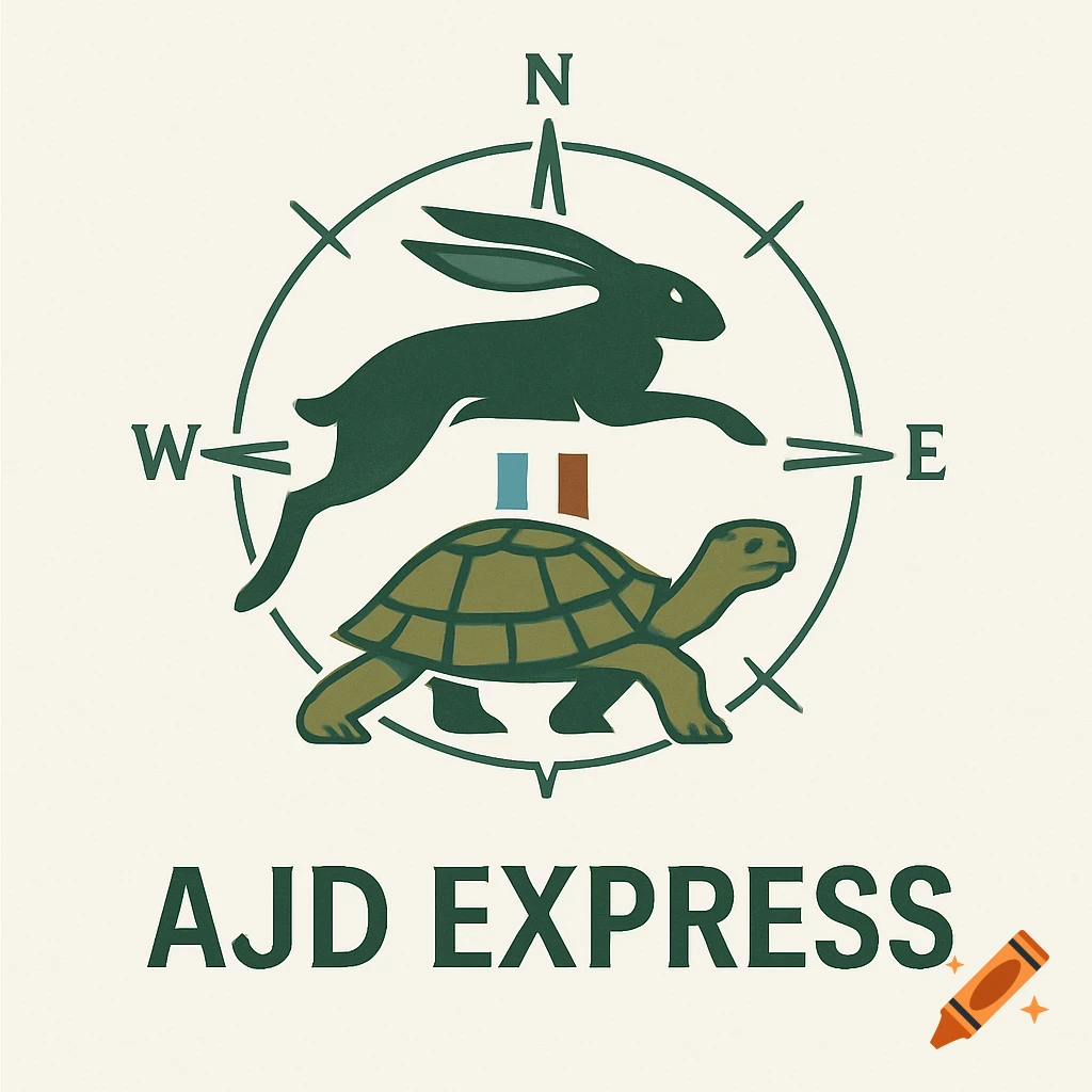 Logo for AJD EXPRESS with a dark green hare running above a brown tortoise, centered within a compass rose with N, W, E, and subtle blue and red bars.