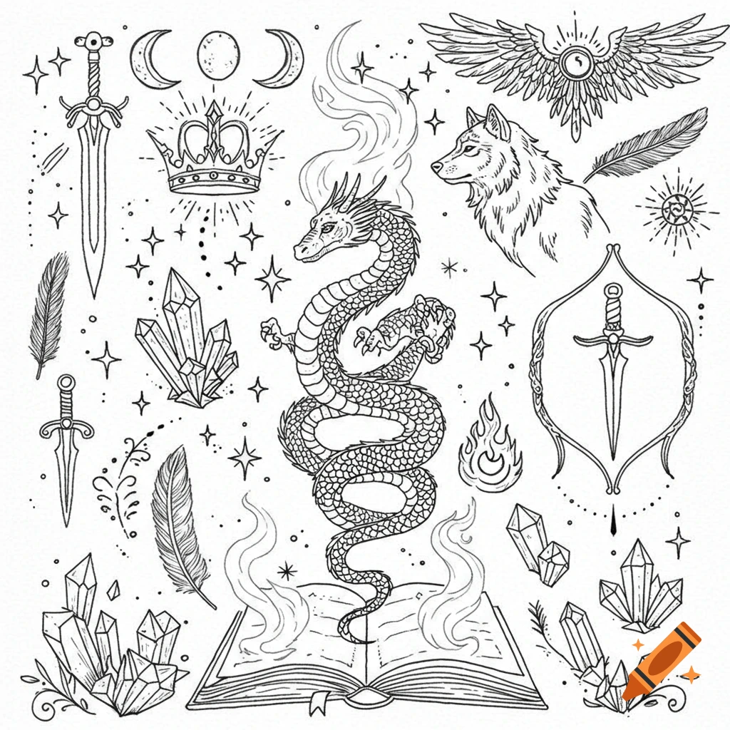 Line art collage of fantasy motifs featuring a dragon, wolf head, swords, crown, crystals, moon phases, and a winged symbol.