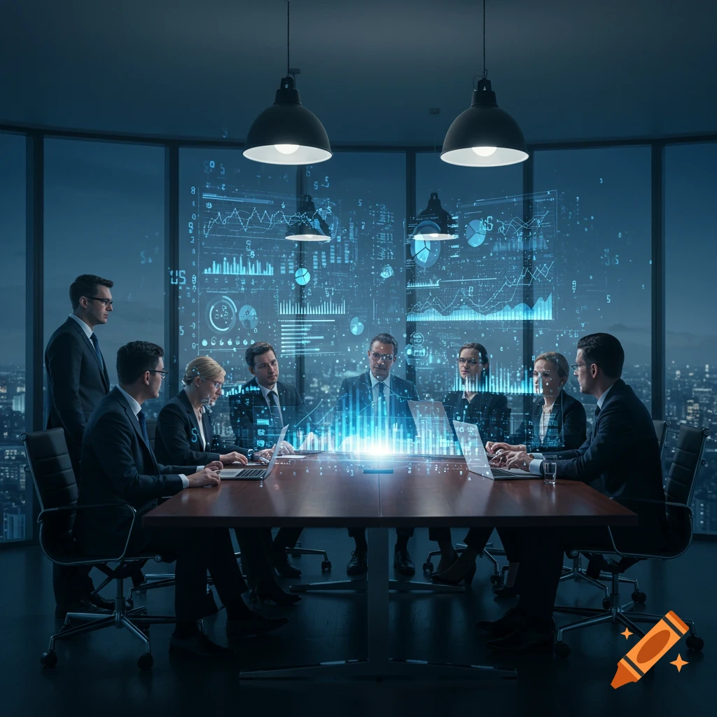 Business professionals in a dark conference room, viewing a holographic data display with city lights visible outside.