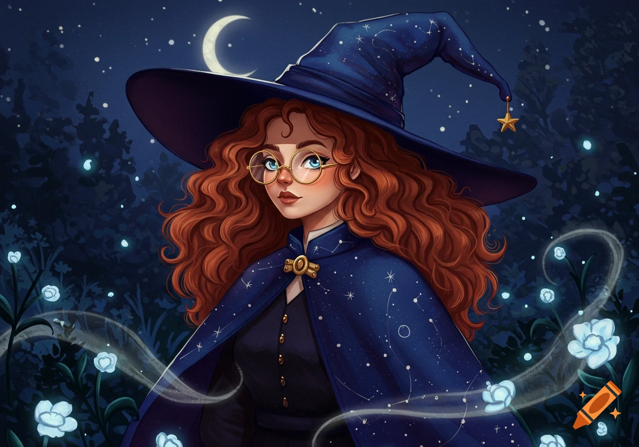 A whimsical illustration of a red-haired witch with round glasses and a starry blue hat and cloak in a magical night forest.