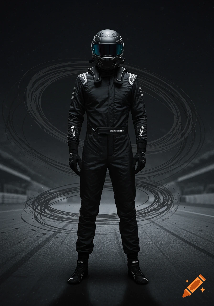 A photorealistic full-body shot of a race car driver in a black suit and helmet, standing on a dark racetrack with abstract swirls.