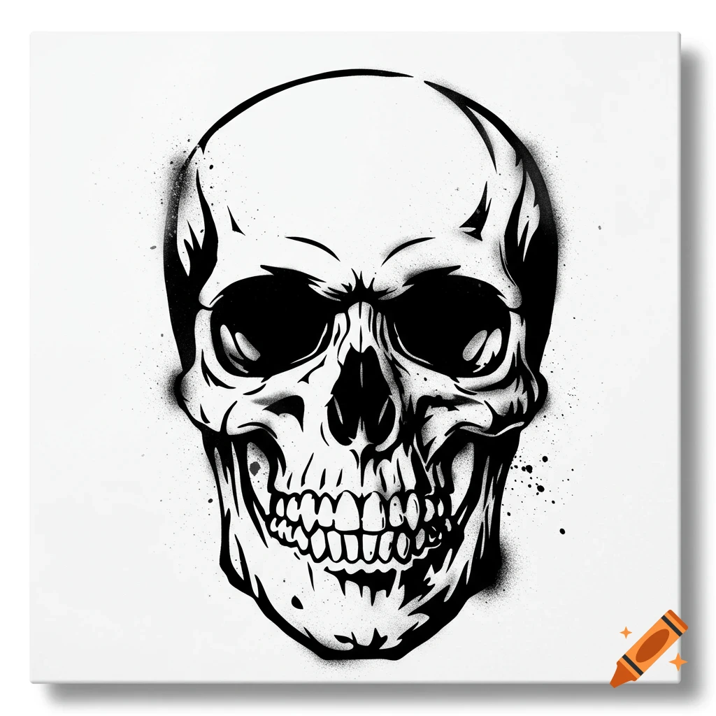 A black and white stencil-style illustration of a human skull, rendered with strong contrasts and spray paint speckles.