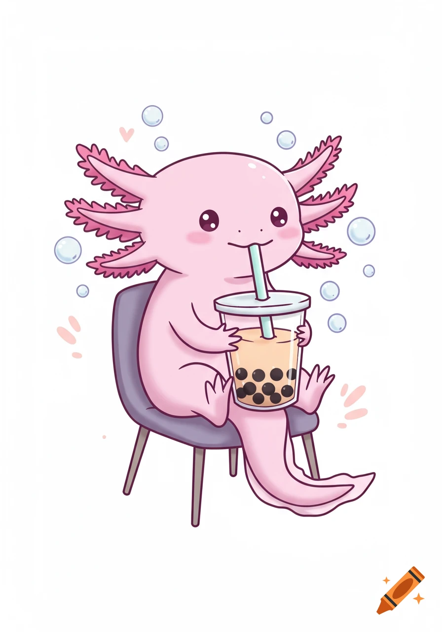 Cute pink cartoon axolotl sitting on a chair, happily drinking bubble tea through a straw, with small bubbles floating around.
