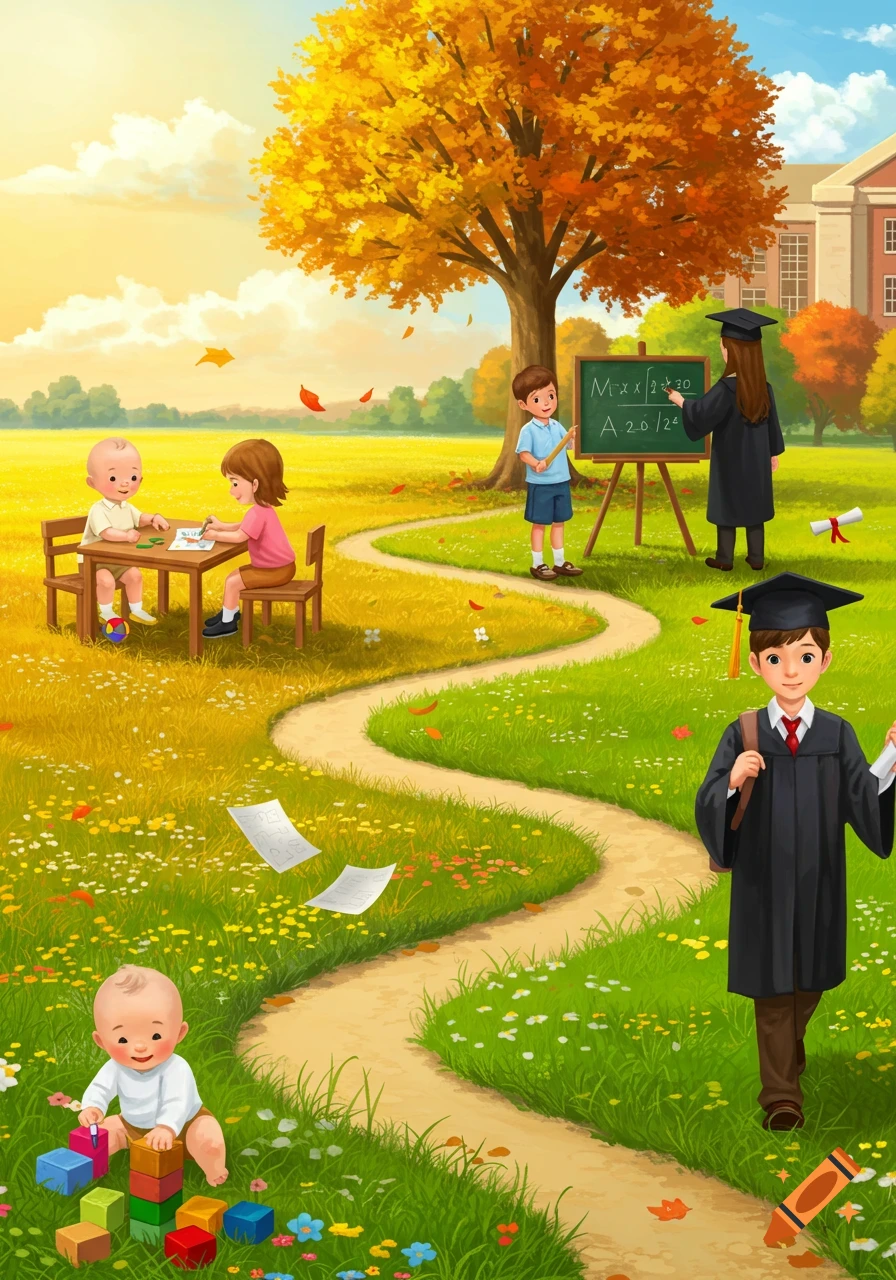 Illustrated scene depicting a scholastic career path from baby to adult, with children learning and students graduating in an autumn landscape.