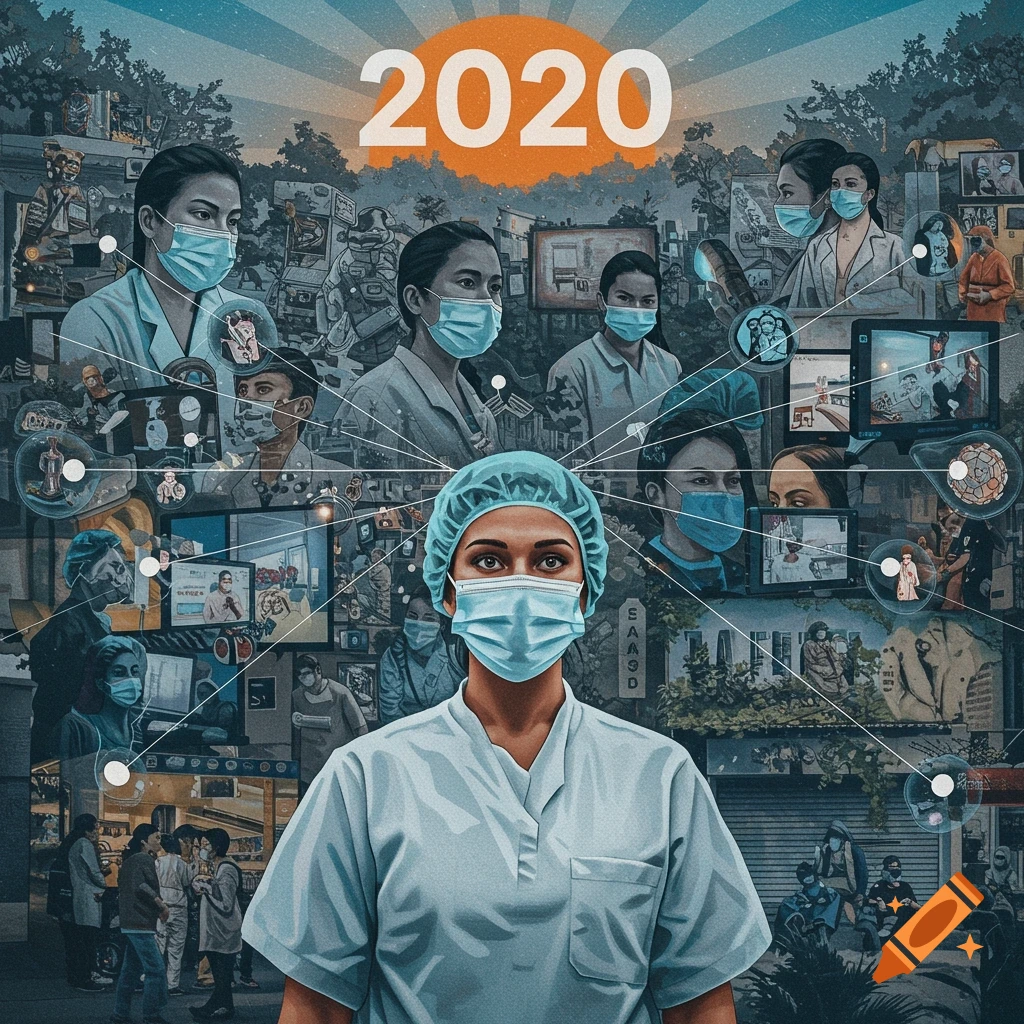 A stylized illustration of a healthcare worker in scrubs and mask, with a montage of 2020 scenes and the year '2020' above.