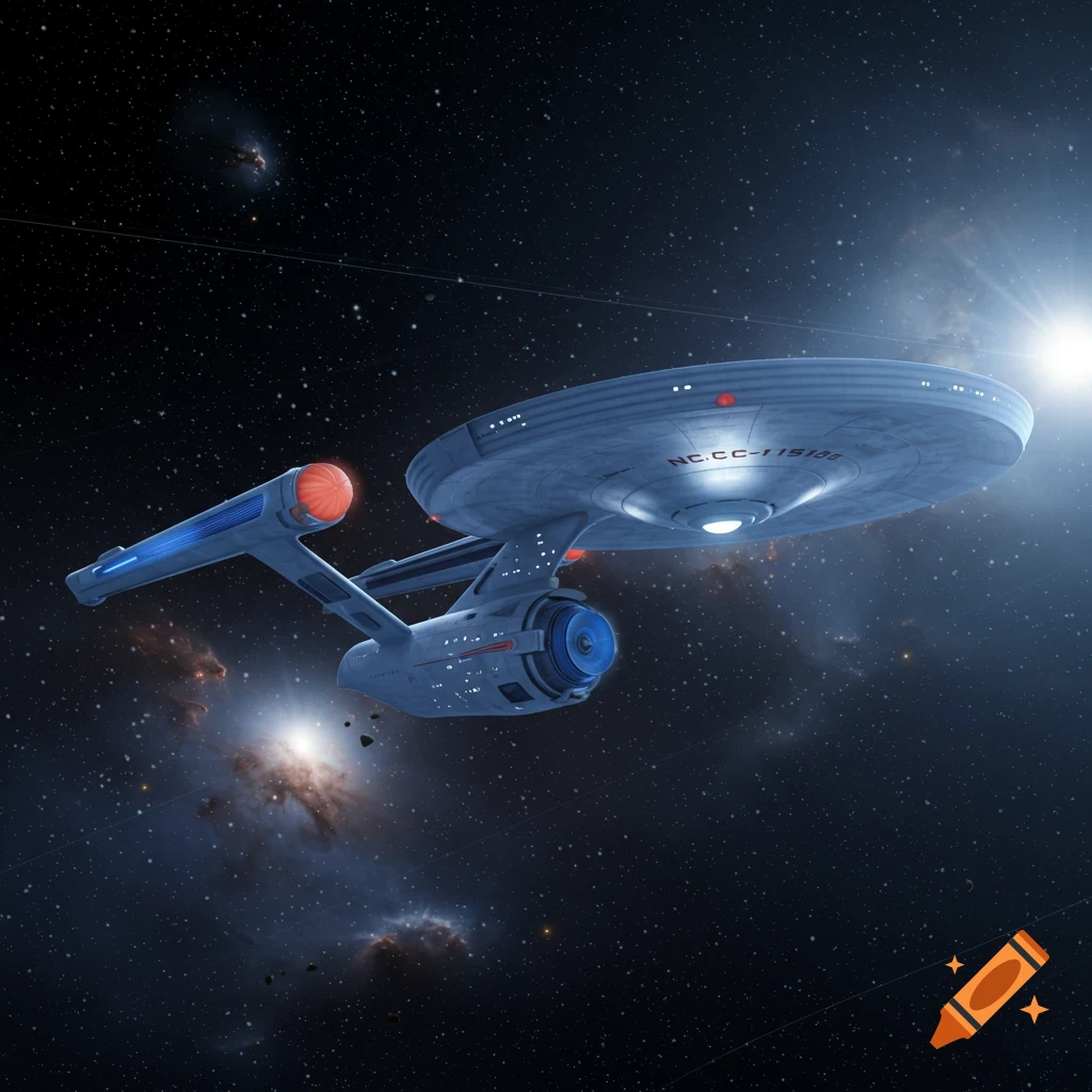 A detailed spaceship, resembling the USS Enterprise, flies through a star-filled galaxy with glowing nebulae and a distant sun.