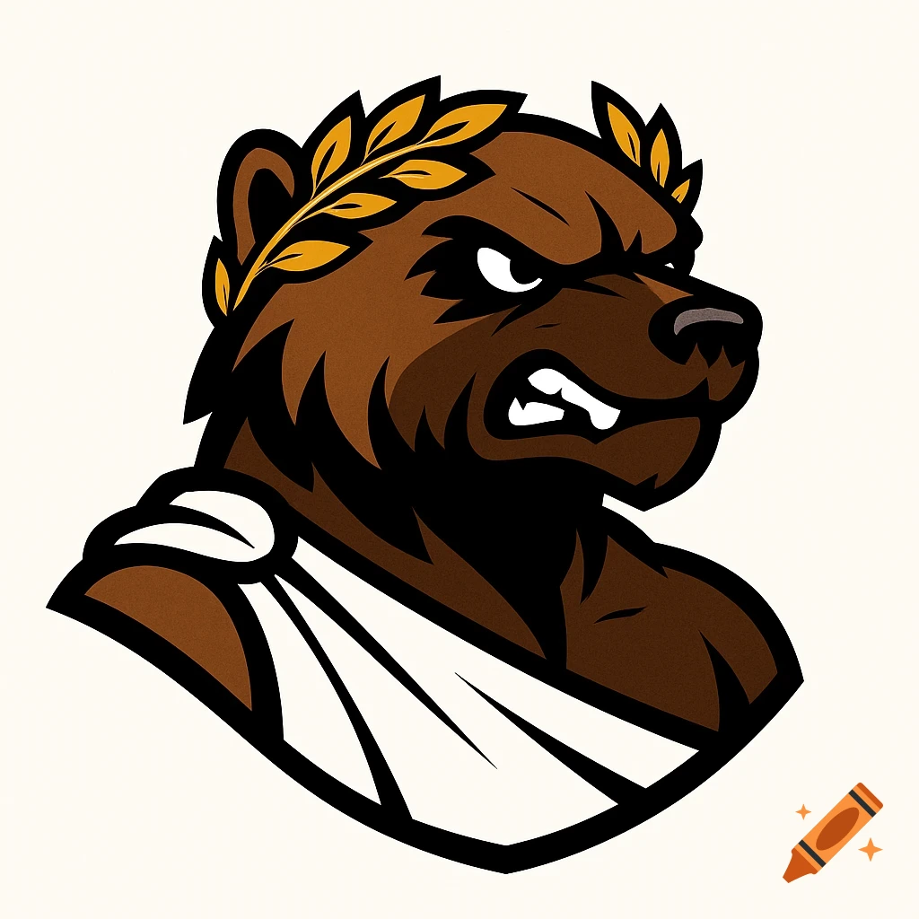 Fierce wolverine mascot head with a golden laurel wreath and white toga, cartoon style.